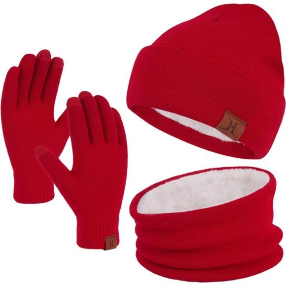 Winter Beanie Hat Scarf Touchscreen Gloves Set Red - Picture 1 of 6
